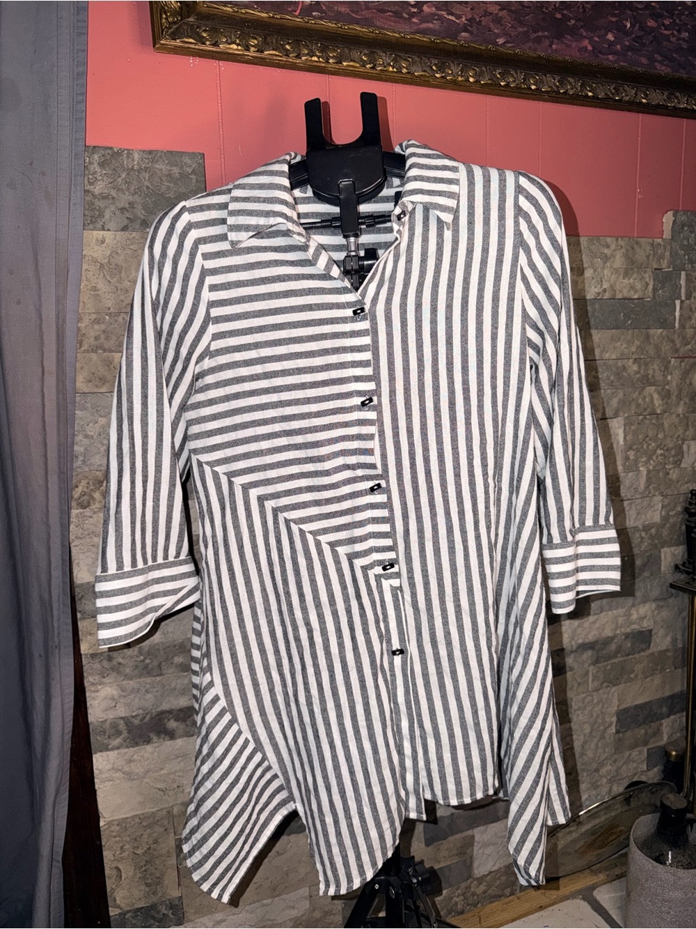 Steven Edward Asymmetric Striped Tunic Blouse Mixed Pattern Split Back M